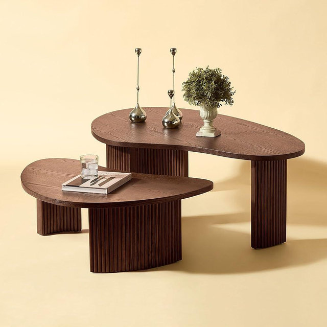 49.41" Wood Cloud Nesting Coffee Table Set of 2 Irregular Curved Moon Shape Modern Wooden Circle Accent Side End Table with Round Edge Strong Legs for Living Room Small Apartment, Walnut