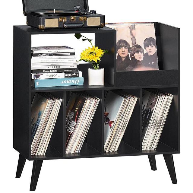 LELELINKY Large Record Player Stand, Turntable Stand with Storage, Vinyl Record Holder with Display Area, Record Player Table Holds Up to 300 Albums, Record Stand for Music room Living Room-Reto Black