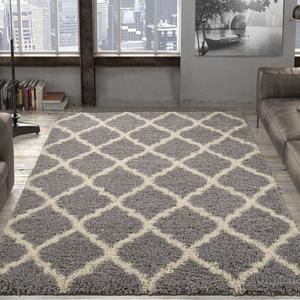 Ottomanson Ultimate Shaggy Collection Moroccan Trellis Design Shag Rug Contemporary Bedroom and Living room Soft Shag Rugs, Grey, 7'10 L x 9'10 W