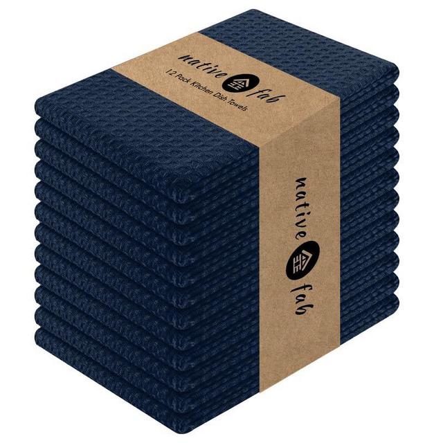 Native Fab Cotton Kitchen Towel with Hanging Loop 16x26 inches, 12-Pack, Waffle Weave Kitchen Towels for Cleaning Drying, Washcloths Soft & Absorbent Cloth Rags, Bar Towel, Dish Cloth, Navy