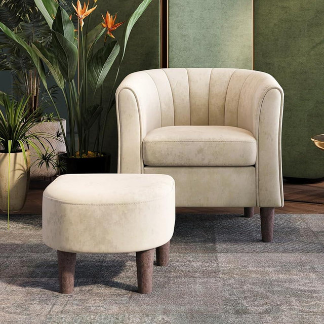 LINSY Accent Chair with Ottoman, Modern Barrel Chair Comfy Armchair Reading Chair with Footrest, Round Arms Chair for Living Room Bedroom Reading Room, Velvet, Beige