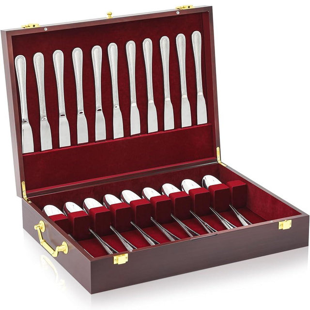 DoubleFill Silverware Storage Box with Lid, Wooden Flatware Case with Handle and Felt Lined,14.1 x 12.2 Large Silverware Chest Organizer for Flatware and Utensils Home Decor Gift(1 Layer)