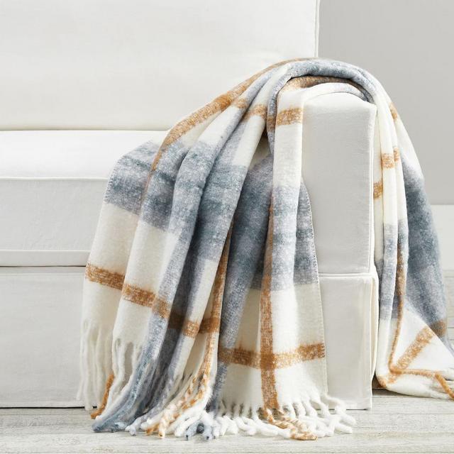 Easton Plaid Mohair Throw, 50 x 60", Blue/Natural