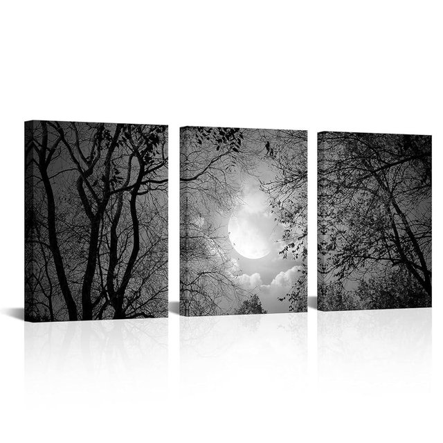 Visual Art Decor Black and White Full Moon Forest Trees Picture Goth Room Decor Canvas Wall Art Framed Artwork Gothic Home Decor Living Room Bedroom Home Office Decoration 3 Piece