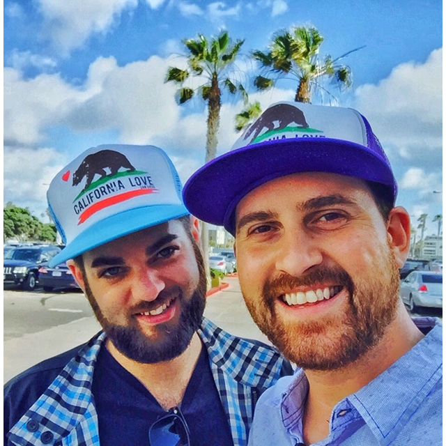 Twinning with hats on Matthew's birthday in Mission Beach