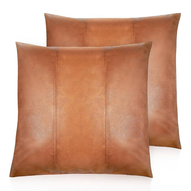 AOOTOOLINK Faux Leather Throw Pillow Covers 20X20 Inch Set of 2 Brown Outdoor Modern Farmhouse Solid Decorative Pillow Covers for Room Couch Living Bedroom Bed Sofa(No Filling Material