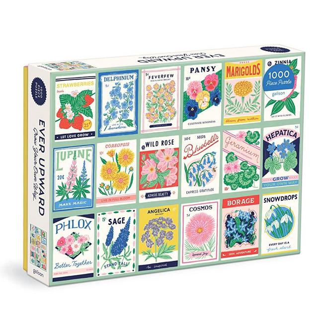 Galison Ever Upward – 1000 Piece Puzzle Fun and Challenging Activity with Bright and Bold Artwork of Vintage Style Flower Seed Packets for Adults and Families