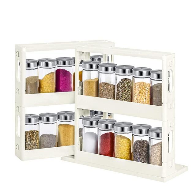 Clastyle Sliding Spice Rack Organizer for Cabinet Folding 2 Tier Seasoning Rack for Countertop Pull-and-Rotate Medicine Storage Rack Organizer