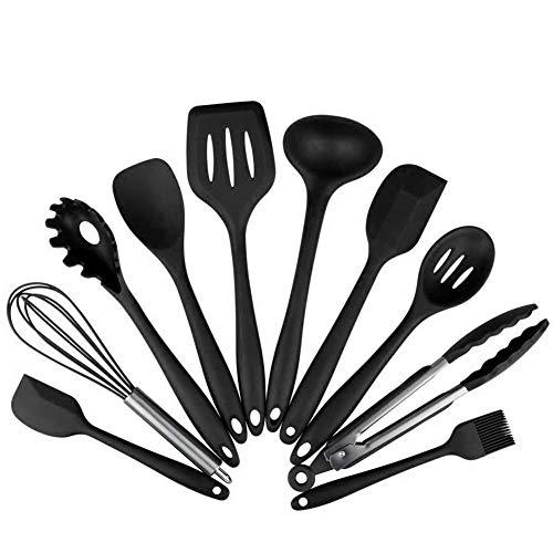 10Pcs/set Silicone Heat Resistant Kitchen Cooking Utensils Non-Stick Baking Tool tongs ladle gadget by BonBon (Black)