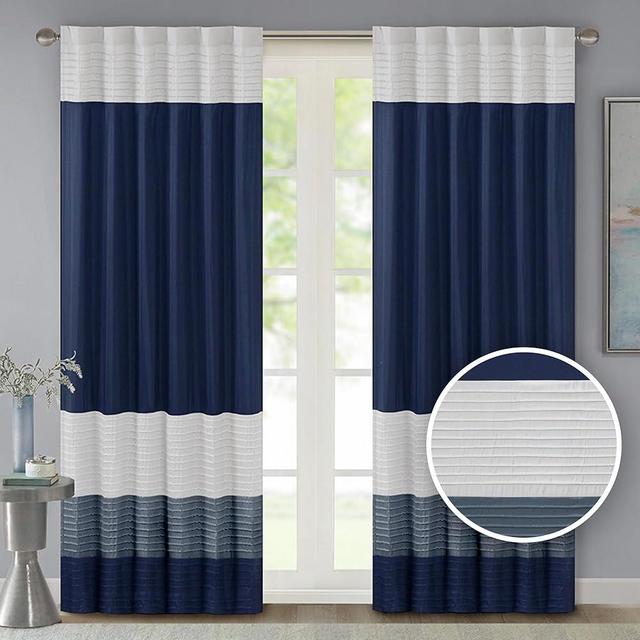 Madison Park Window Curtain Single Panel Faux Silk, Elegant Pleats, Rod Pocket Curtains for Living Room Privacy, Room Darkening Window Curtain for Bedroom and Dorm, Amherst, 84"L x 50"W, Navy