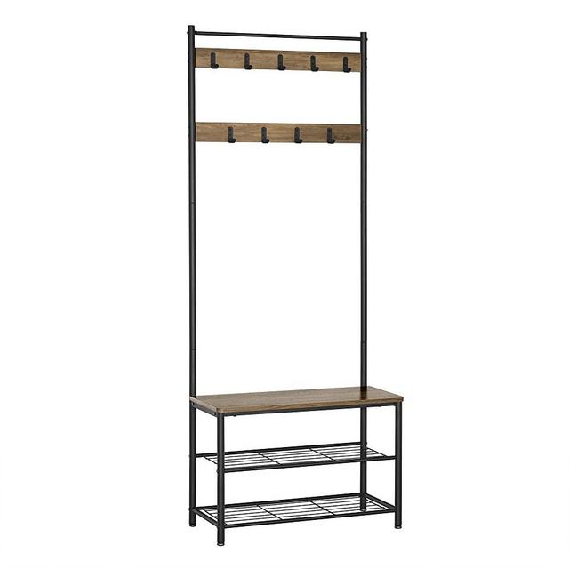 VASAGLE Entryway Coat Rack with Shoe Bench, Shoe Rack Organizer with Hall Tree, 3-in-1 Functional Coat Tree, Industrial, Rustic Walnut and Black UHSR041B41