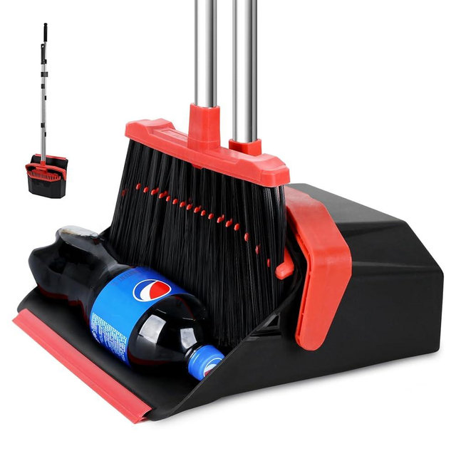 Tiumso Upgrade Broom and Dustpan Set with 51'' Long Handle, Large Upright Brooms and Dust Pans, ZeroGap Lip, Self-Cleaning Dustpan Teeth for Lobby Kitchen Office Restaurant - Black and Red