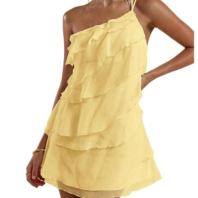SOLY HUX Women's Mini Dress One Shoulder Ruffle Mesh Dresses Layered Backless Vacation Party Sundresses