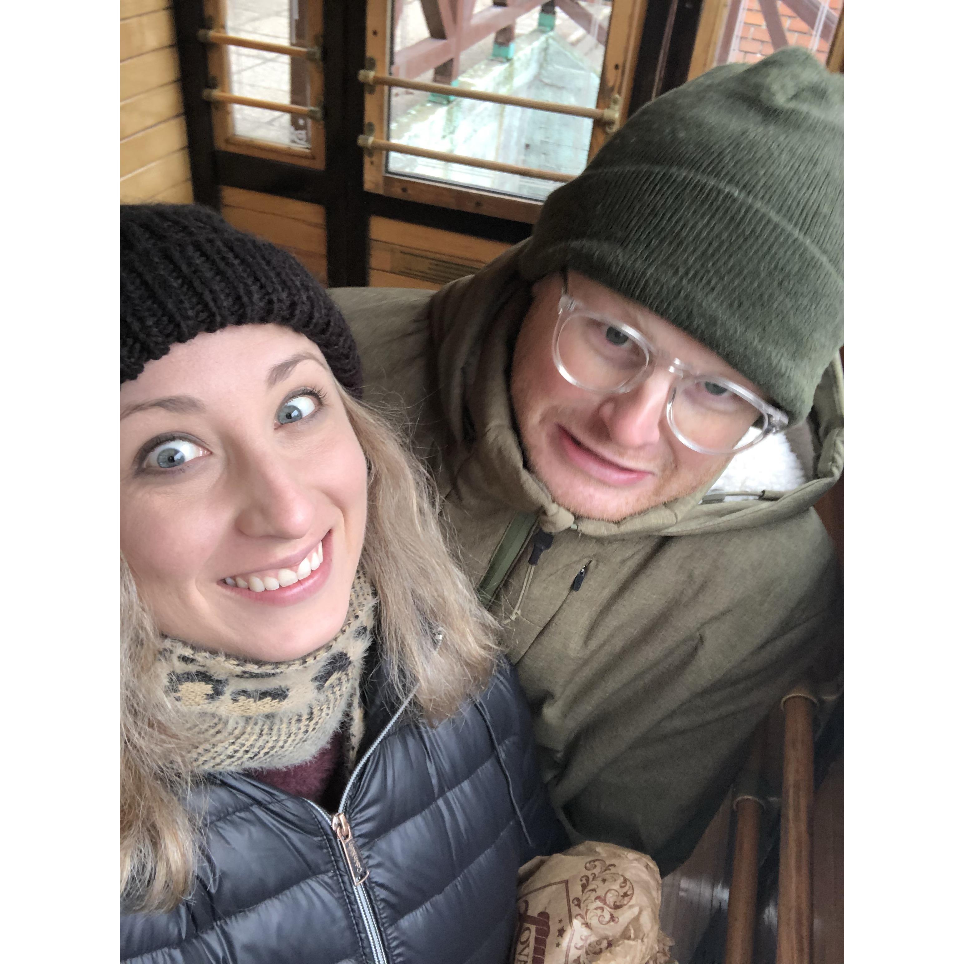 A couple of goofballs in a Budapest funicular!