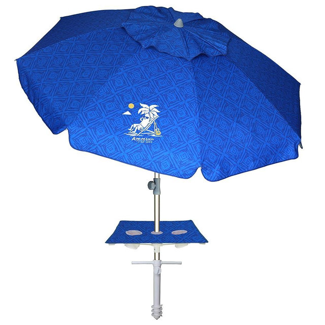 AMMSUN Beach Umbrella with Sand Anchor & Table Tray, Portable Heavy Duty Beach Umbrellas, 6.5ft Sun Outdoor Umbrella, UV 50+ Protection, Carry Bag for Beach, Patio, Pool and Garden, Blue