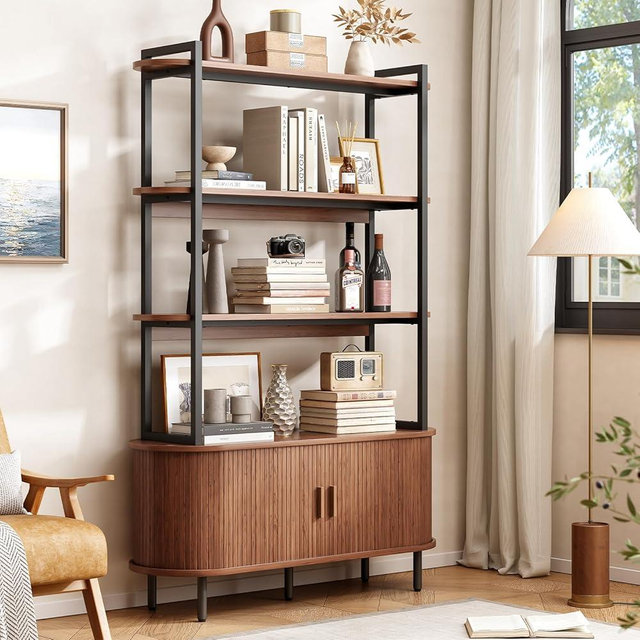 ONBRILL 71" Tall Bookshelf, 4-Tier Book Shelf with Storage Cabinet, Modern Bookcase with Sliding Door and Adjustable Footpad, Freestanding Storage Organizer Bookshelf for Living Room, Bedroom, Walnut