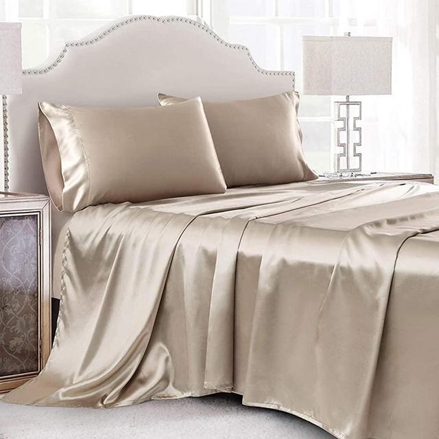 Cobedzy 4 Piece Luxury Satin Sheets King Size, Satin Bed Sheet Set King Size, Taupe Satin Sheets with 1 Deep Pocket Fitted Sheet 1 Flat Sheet 2 Pillowcase