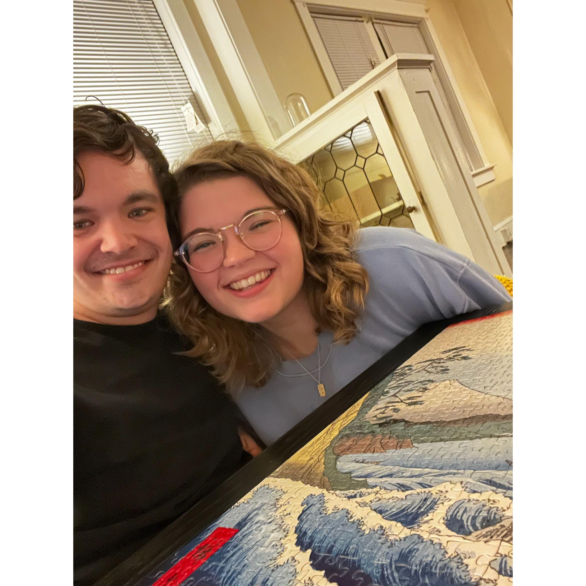 Our first puzzle completed together! We bought this puzzle together on our 1 month anniversary and promptly took almost a month to complete it.