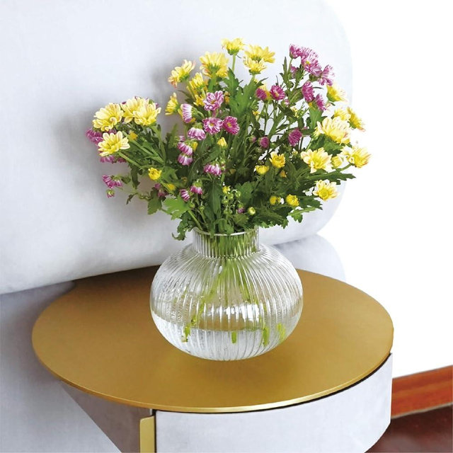 SEICASAYA Round Ribbed Glass Vase, 7.5" x 6.1", Handmade Clear Textured Flower Vase for Home Decor, Modern Centerpiece (Striped Transparent)
