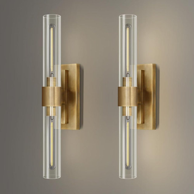 YUYI Brass Wall Sconces Set of Two, 22.8'' Gold Bathroom Sconces Wall Decor with Clear Glass Shade, Indoor Vanity Wall Lights for Bathroom Living Room Bedroom Hallway Fireplace Staircase