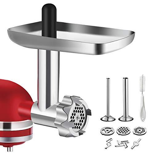 Metal Food Grinder Attachment for KitchenAid Stand Mixers, BQYPOWER Meat Grinder Attachment Included 2 Sausage Stuffer Tubes, 3 Grinding Blades, 3 Grinding Plates