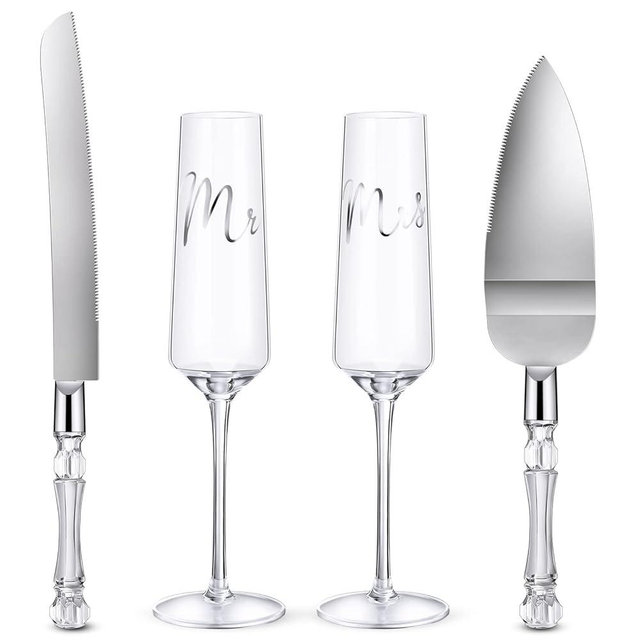 4 Pieces Wedding Toasting Flutes and Cake Server Set Wedding Reception Supplies Champagne Glasses Cake Knife Pie Server (Clear,Classic)