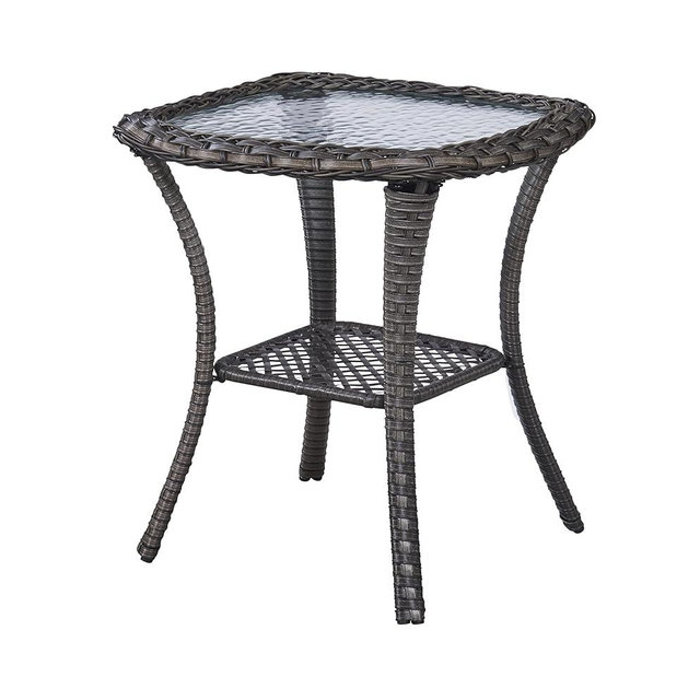 Patio Tables Wicker Side Table - Rattan Coffee Table with Glass Top End Table for Outdoor Outside Patio Porch Square Brown