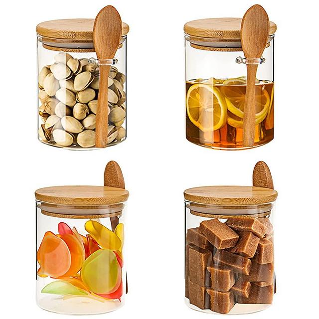 4-Pack Glass Food Storage Jar 18.2 oz,100% Sealed Borosilicate Glass Bamboo Spice Jars with Bamboo Lid and Bamboo Spoon for Candy, Spices, Coffee Beans, Nuts, Condiments, Cookies, Flour,540ml Christmas Gift