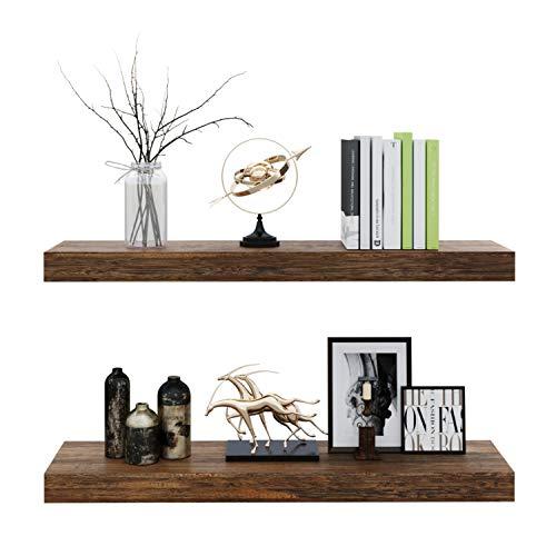 BAMFOX Floating Shelves Set of 2，Natural Bamboo Wall Shelf Wall Mounted Shelves，Wall Mount Display Rack with Large Storage L23 x W6 for Kitchen Living Room Bathroom Bedroom
