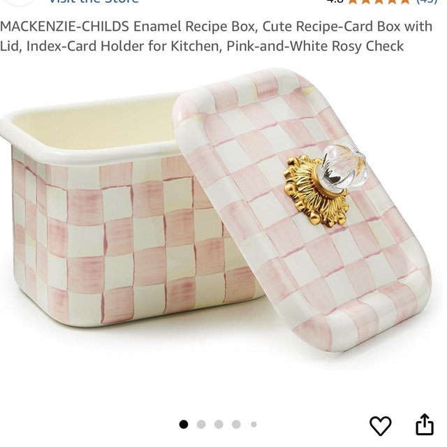 MACKENZIE-CHILDS Enamel Recipe Box, Cute Recipe-Card Box with Lid, Index-Card Holder for Kitchen, Pink-and-White Rosy Check