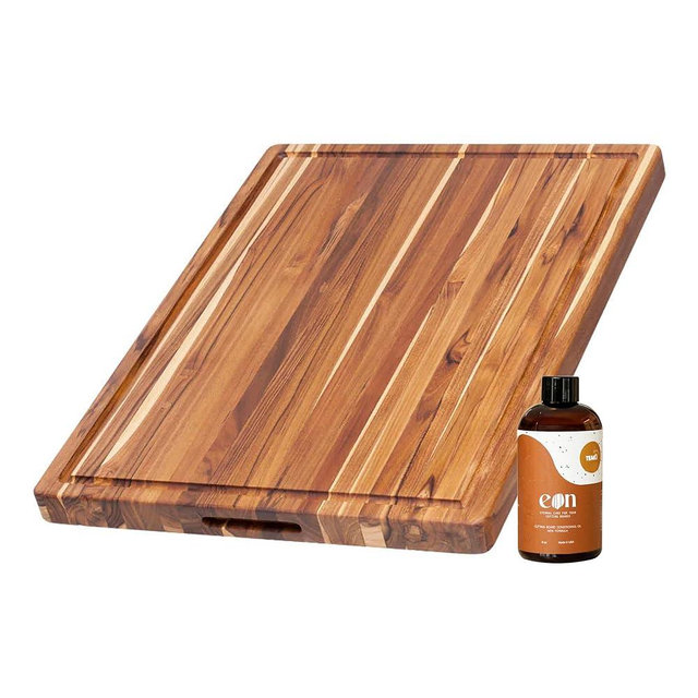 Teakhaus Carving Board and Cutting Board Oil Set - Includes Medium (M) Wood Cutting Board with Juice Groove and EON Food Grade Mineral Oil - Knife-Friendly - FSC Certified