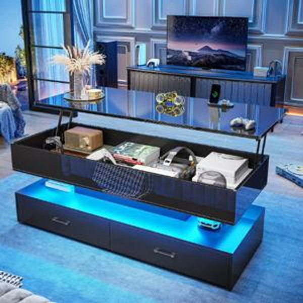 SEDETA 47.2" Lift Top Coffee Table, Coffee Tables with Storage for Living Room, 2 Drawers Coffee Table with Power Outlet & LED Light for Dining Reception Room, High Gloss Black