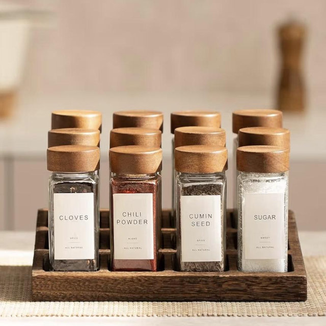 24Pcs Glass Spice Jars with Labels-4oz Acacia Wood Lid Square Spice Containers and 2pcs Rack with Pepper Grinder Lids &Funnel,Seasoning Jars for Rack Cabinet Drawer