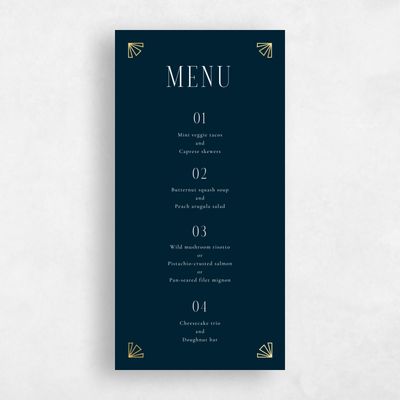Darkest Teal, Blue Wedding Menu - Amber Foil