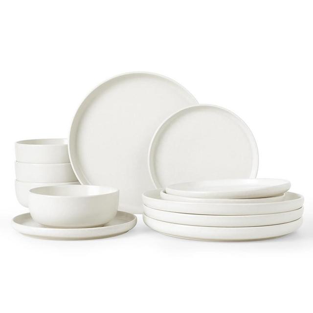Famiware Milkyway Plates and Bowls Set, 12 Pieces Dinnerware Sets, Reactive Glaze Dish Set, Stoneware Dishes Set for 4, Matte White