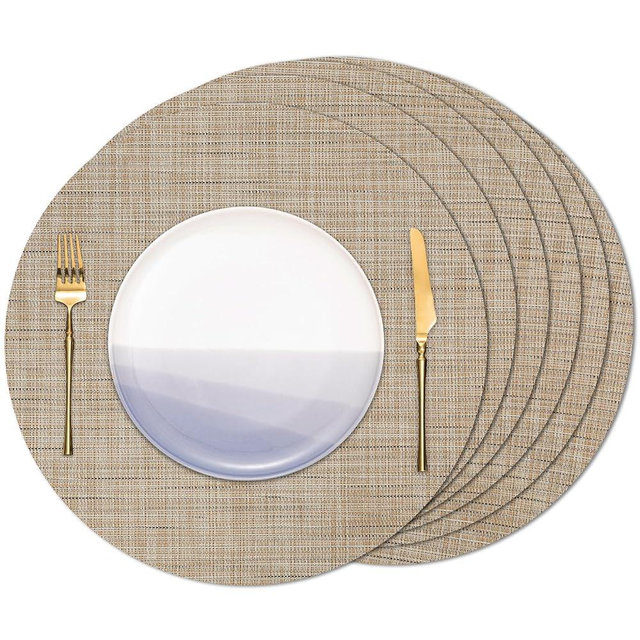 Banchif Round Placemats Set of 6 Heat Resistant Vinyl Placemats 15 inch Washable Non-Slip Table Mats Woven Place Mats for Dining Table (Beige, Set of 6)