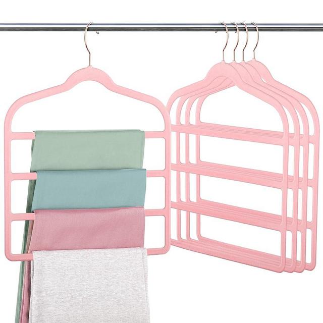 Velvet Pants Clothes Hanger Space Saving Non-Slip Pants Shorts Hanger, Myfolrena Jeans Slack Trousers Hangers Multiple Velvet Hanger Closet Storage and Organization for Jeans,Scarf,Tie(Pink, 5)