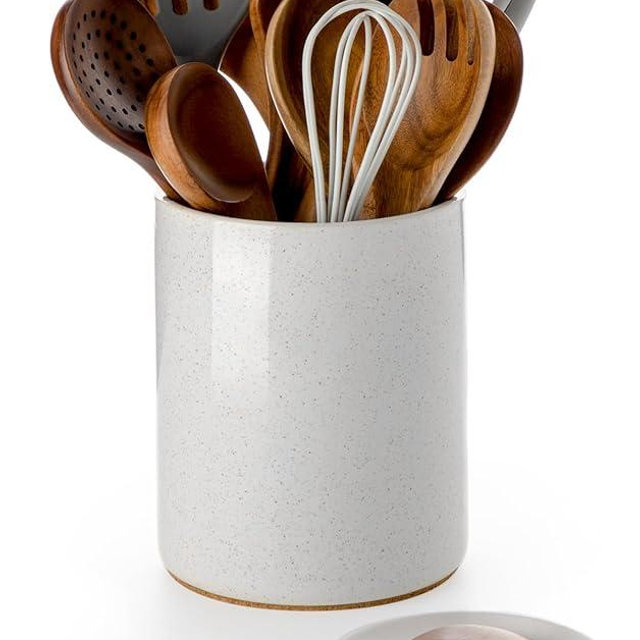 Nucookery Utensil Holder with Spoon Rest, 6.4'' Large Ceramic Kitchen Utensil Crock, Heavyweight Countertop Organizer Holds 10–15 Utensils, Easy Clean, Non-Slip Cork Base