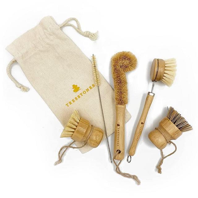 Natural Bamboo Dish Brush Scrub - Wooden Handle Bristle Scrubber for Kitchen Cleaning Dishes Pot Pans Bottle Straw 100% Plastic Free Eco Friendly 5 Pieces Set with Natural Cotton Storage Bag