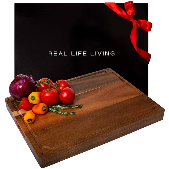 Butcher Block Cutting Board for Kitchen (& Gift Box) - Large Reversible Acacia Wood w/ Deep Juice Groove, Prep Station & Serving Tray for Cheese/Charcuterie - Wedding, Holiday or Housewarming Gift