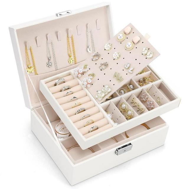 Jiduric White Jewelry Box 2 Layer Jewelry Box 10.4 x 7.7 x 3.9 Inches Jewelry Organizer Tray for Earrings Bracelets Rings Watches (White)