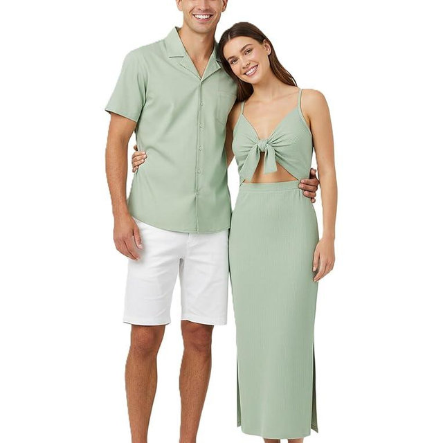 PATPAT Couples Matching Outfits: His and Hers Matching Set Women Knit Bodycon Maxi Dress or Men Chest Pocket Shirt