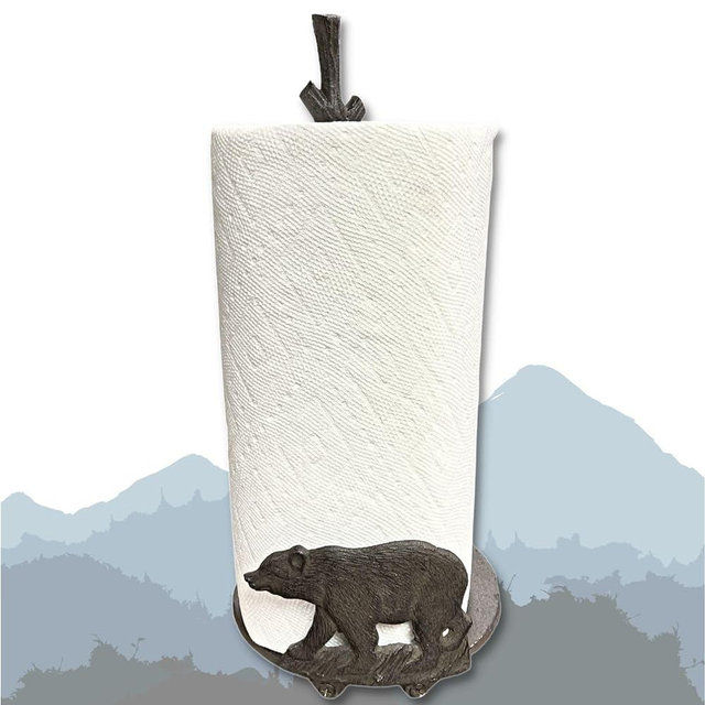 Paper Towel Holder with Standing Bear Design - Cast Iron Rustic Cabin Lodge Dining Kitchen Décor