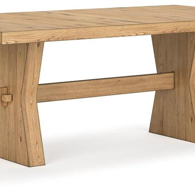 Signature Design by Ashley Galliden Farmhouse Dining Table with Extra-Thick Tabletop and Trestle Base, Light Brown