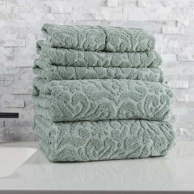 6PC Jacquard Towel Set - 500GSM 100% Cotton Bathroom Accessories - 2 Bath Sheets, 2 Hand Towels and 2 Wash Cloths - Soft and Absorbent Bathroom Set for Shower, Gym, Dorm and Spa by Lavish Home (Green)
