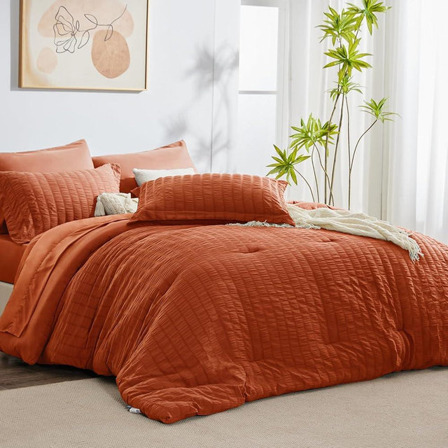 CozyLux King Seersucker Comforter Set with Sheets Burnt Orange Bed in a Bag 7-Pieces All Season Bedding Sets with Comforter, Pillow Sham, Flat Sheet, Fitted Sheet, Pillowcase