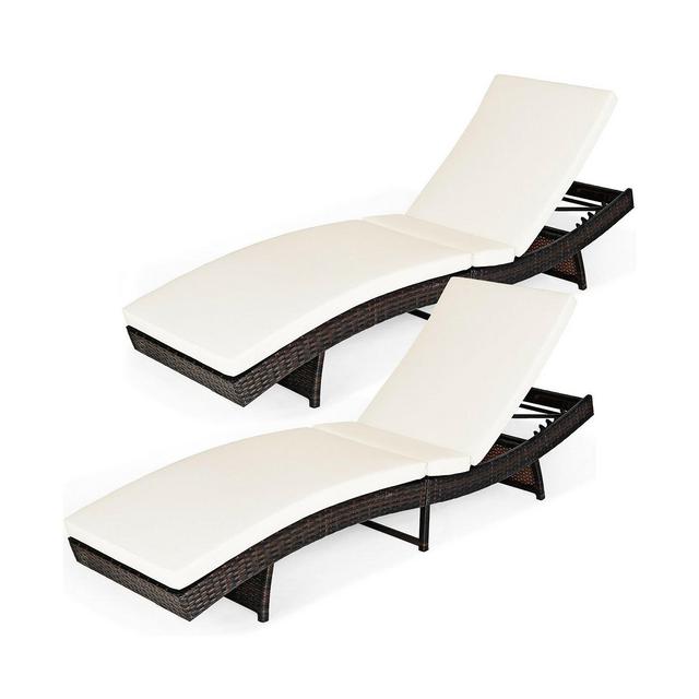 2PCS Patio Rattan Folding Lounge Chair Chaise Adjustable White Cushion