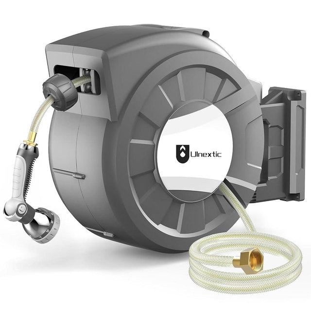 Retractable Garden Hose Reel, 1/2 in x 125 ft Wall Mounted Hose Reel, 10-Pattern Spray Nozzle, Any Length Lock/Slow Return System/Wall Mounted/180°Swivel Bracket
