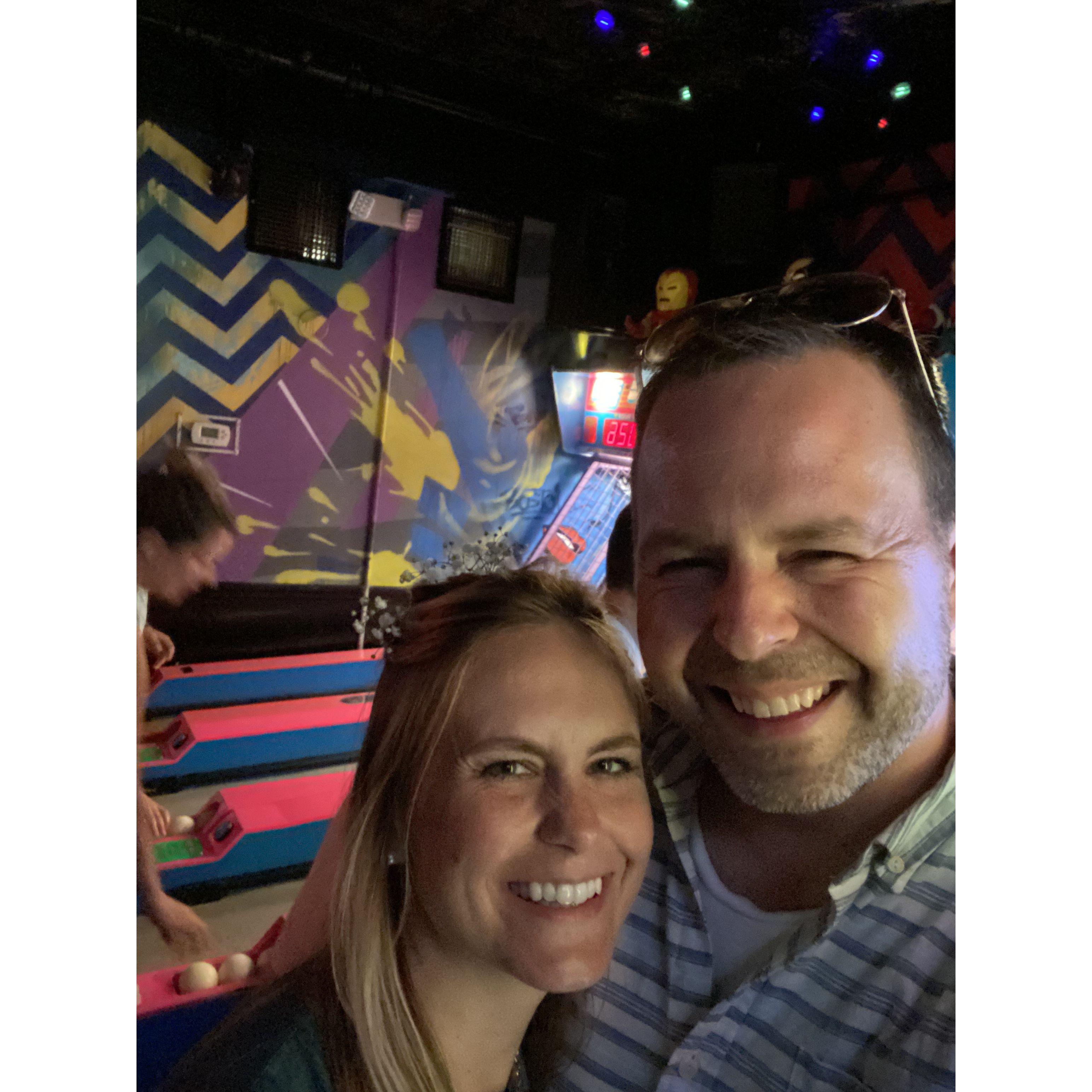 Skeeball in STL before an epic night of chicken nuggs and their first (and last) appearance within Matt's famous "I can make anything out of an omlette" omlette.