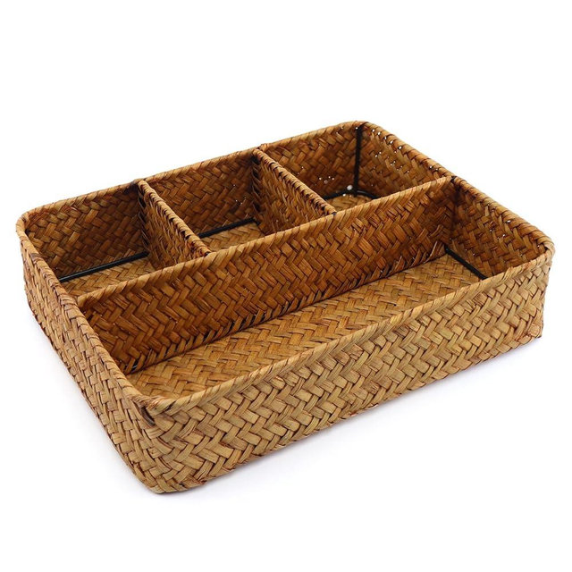 Wicker Baskets 4-Section Tea Bag/Sugar Packet Holder,Seagrass Woven Compartment Organizer,Storage Rattan Divided Basket,Office-Desk Baskets for Shelves,Pantry,Coffee Station Organizer,Countertops